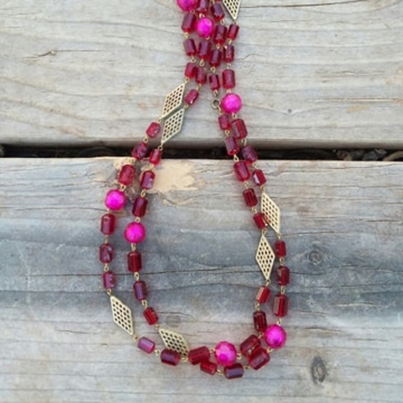Vintage Jewelry - Vintage Glass or Crystal Brass Necklace Long